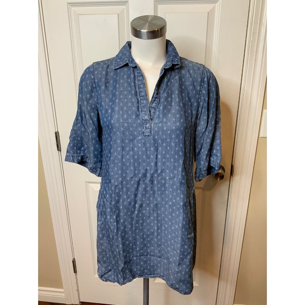 Cloth & Stone Medium Wash Chambray Denim Collared Patterned Shift Dress, Size XS